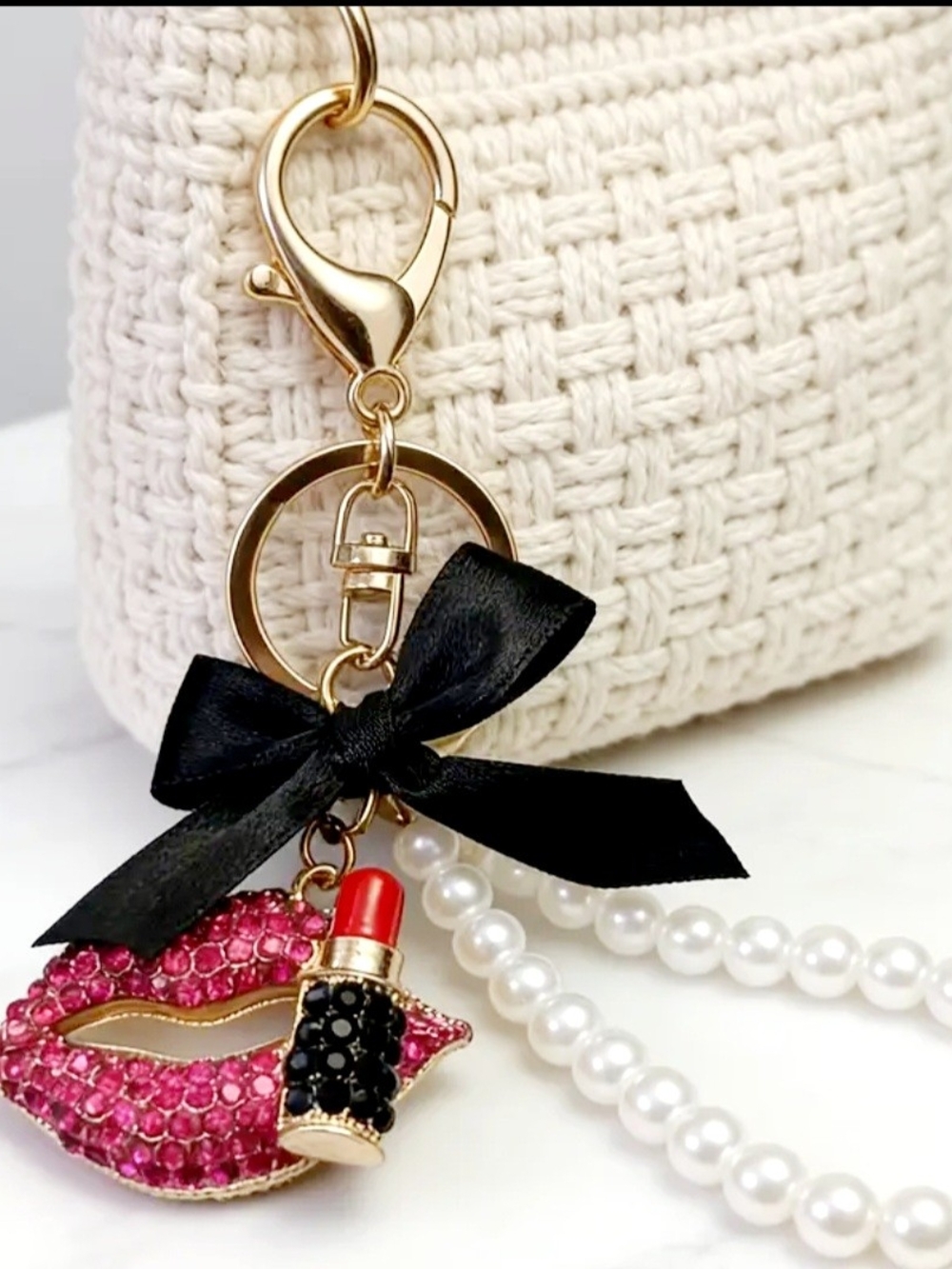 Lip & Lipstick Pearl Keychain Bag Charm with Black Bow